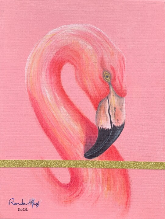 Painting titled "Lovely Flamingo (Pa…" by Randa Hijazi, Original Artwork, Acrylic Mounted on Wood Stretcher frame
