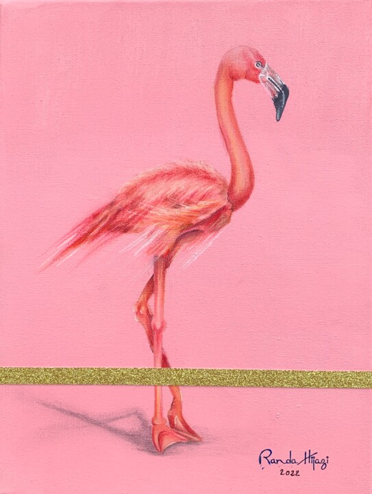 「Lovely Flamingo (Pa…」というタイトルの絵画 Randa Hijaziによって, オリジナルのアートワーク, アクリル ウッドストレッチャーフレームにマウント