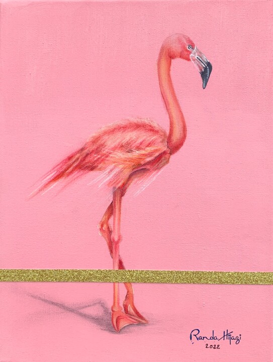 Painting titled "Lovely Flamingo (Pa…" by Randa Hijazi, Original Artwork, Acrylic Mounted on Wood Stretcher frame