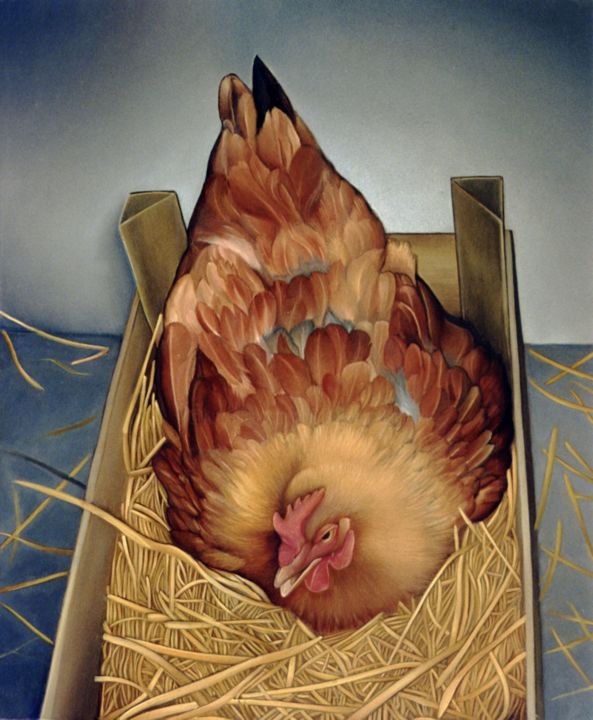 Painting titled "Gallina alla cova" by Ranieri Wanderlingh, Original Artwork, Oil Mounted on Wood Stretcher frame