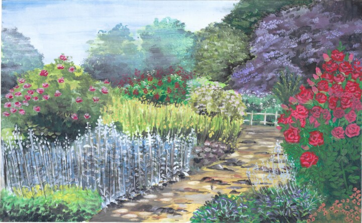 Painting titled "European Garden" by Ranil Sugathapala, Original Artwork, Watercolor