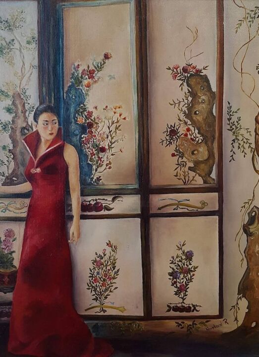 Painting titled "Woman in red dress" by Ranka Novakovic Milivojevic, Original Artwork, Oil