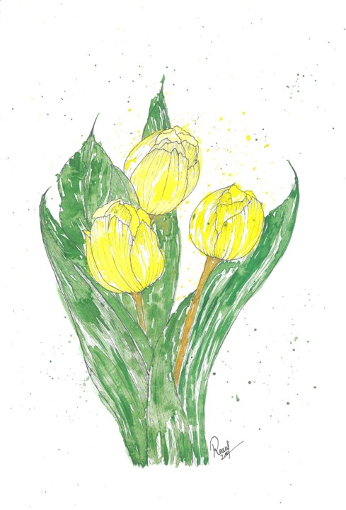 Peinture intitulée "Yellow Tulips Flora…" par Raoufa Yadgar, Œuvre d'art originale, Aquarelle