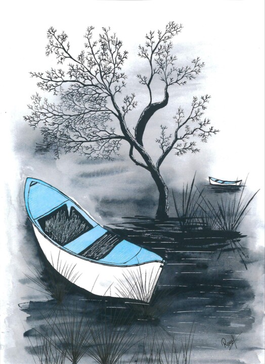 Peinture intitulée "Blue boat on the ri…" par Raoufa Yadgar, Œuvre d'art originale, Aquarelle