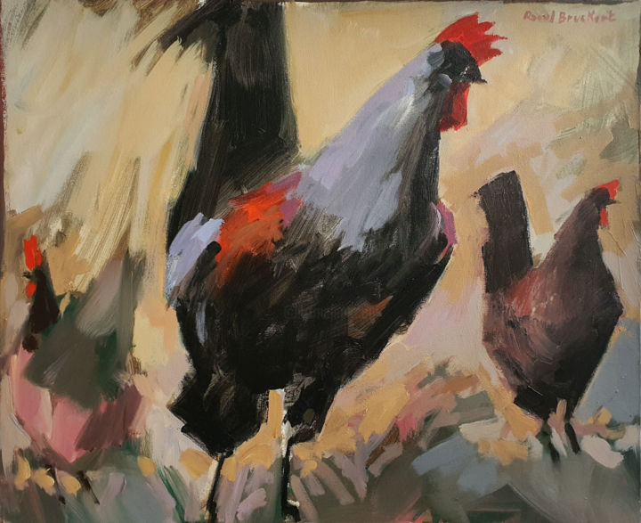 Painting titled "Les poules" by Raoul Bruckert, Original Artwork, Acrylic Mounted on Wood Stretcher frame