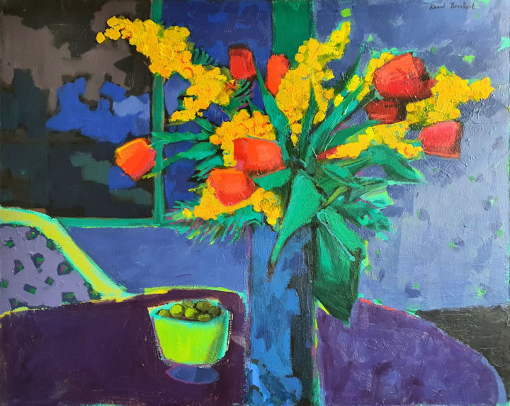 Painting titled "Tulipes et mimosas" by Raoul Bruckert, Original Artwork, Acrylic Mounted on Wood Stretcher frame
