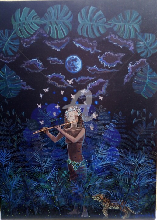 Peinture intitulée "La joueuse de flûte…" par Raphaël Guémard, Œuvre d'art originale, Acrylique Monté sur Châssis en bois