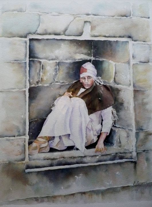 Malerei mit dem Titel "La mendiante" von Raphael Fortunato, Original-Kunstwerk, Aquarell