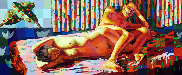 Malerei mit dem Titel "man woman on bed re…" von Raphael Perez, Original-Kunstwerk, Acryl