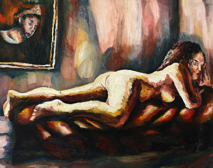 Painting titled "woman on bed painti…" by Raphael Perez, Original Artwork, Oil