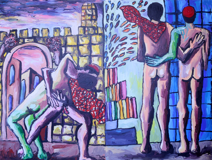 Painting titled "gay couple jwish an…" by Raphael Perez, Original Artwork, Acrylic