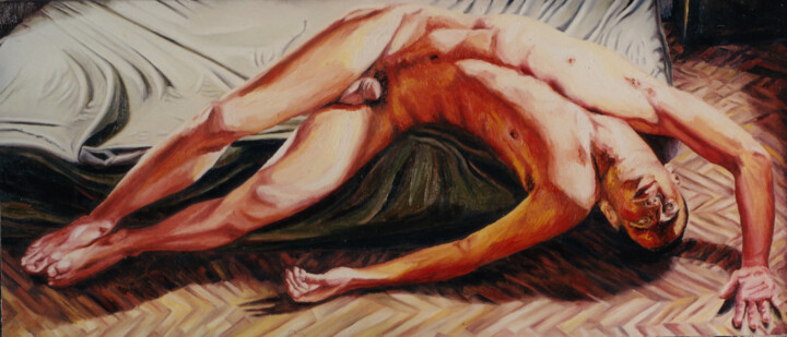 Painting titled "man on bed erotic m…" by Raphael Perez, Original Artwork, Oil