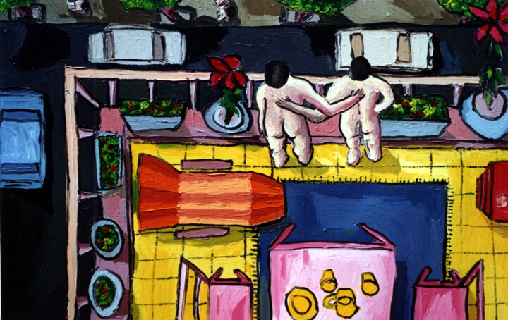 Painting titled "love on balcony gay…" by Raphael Perez, Original Artwork, Acrylic