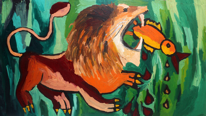 Painting titled "lion eat  a bird  e…" by Raphael Perez, Original Artwork, Acrylic