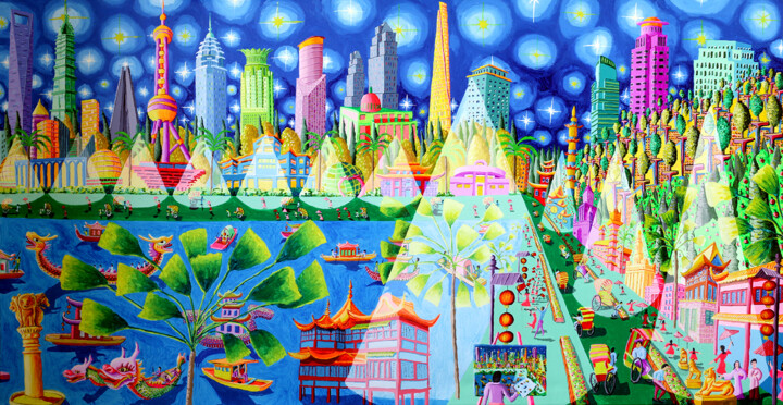 Peinture intitulée "上海城市天际线摩天大楼  优秀艺术馆苏…" par Raphael Perez, Œuvre d'art originale, Acrylique