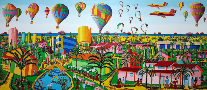 Pintura intitulada "naive art Kibbutz B…" por Raphael Perez, Obras de arte originais, Acrílico