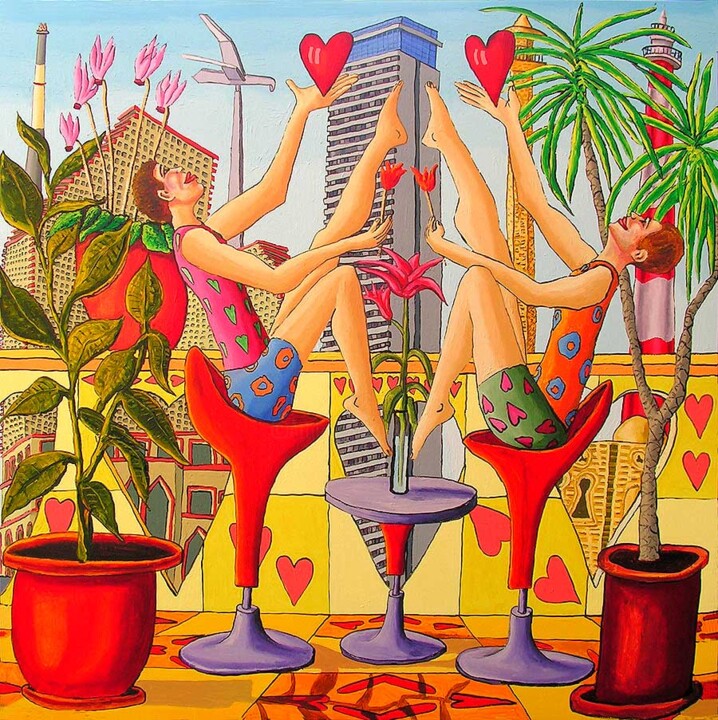 Painting titled "lovers couple on th…" by Raphael Perez, Original Artwork, Acrylic