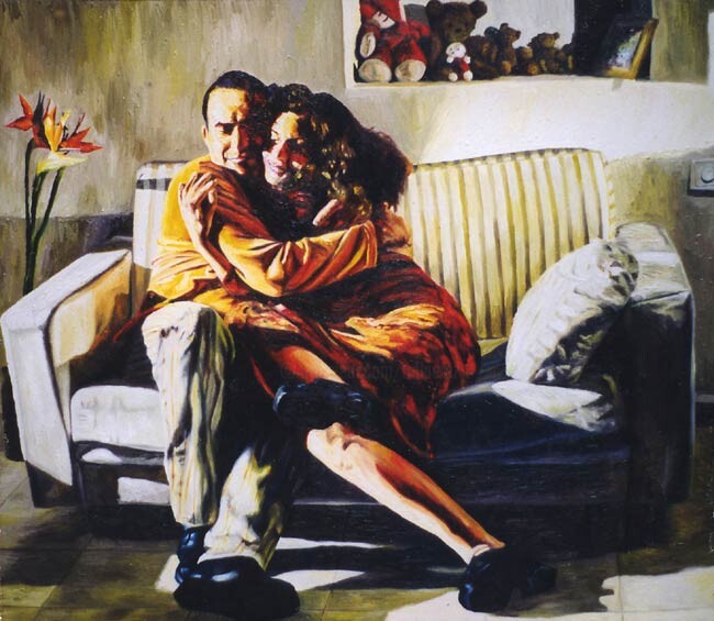 Peinture intitulée "lover couple huggs…" par Raphael Perez, Œuvre d'art originale, Huile