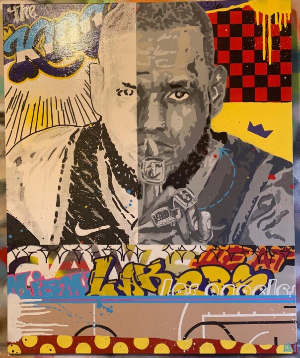 Painting titled "Lebron "The King"" by Raphael Trigaux (Colorzyourmind), Original Artwork, Stencil Mounted on Wood Stretcher…