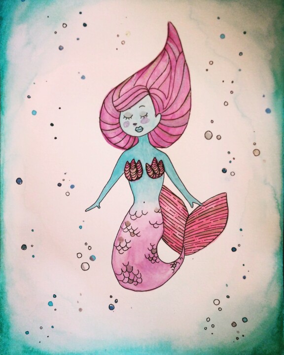 Pintura intitulada "Mermaid" por Raquel Avellán, Obras de arte originais, Aquarela