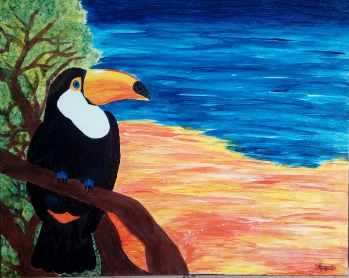 Painting titled "Tucano o Pensador" by Raquel Dos Santos Silva, Original Artwork, Acrylic