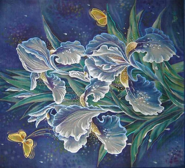 Painting titled "Ночные ирисы (батик)" by Svetlana Rarii, Original Artwork