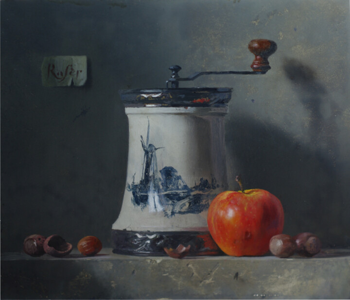 Painting titled "Moulin, pomme & noi…" by Rasèr, Original Artwork, Oil