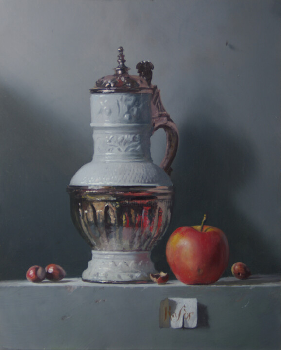 Peinture intitulée "Pichet,pomme & nois…" par Rasèr, Œuvre d'art originale, Huile