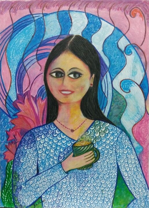 Drawing titled "Lost in thoughts" by Rashmi Kanchan, Original Artwork, Pastel