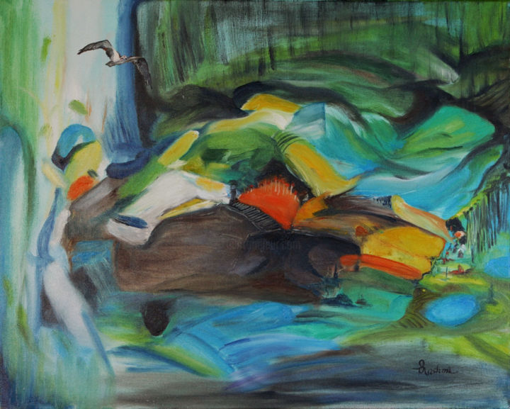 Painting titled "My Green Valley" by Rashmi Rekha, Original Art, Oil