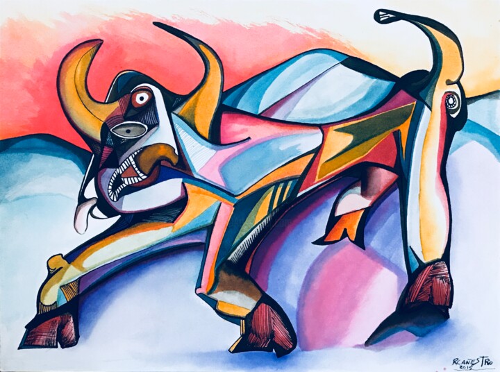 Pintura titulada "TORO MULTICOLORES" por Raul Cañestro Caballero, Obra de arte original, Tinta