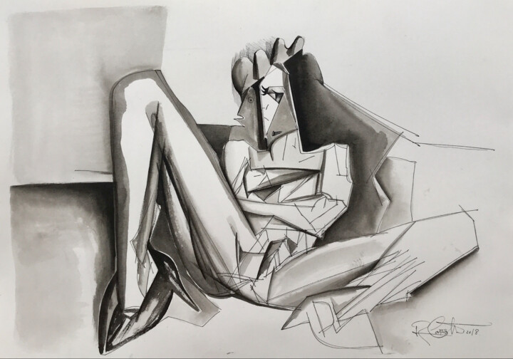 Malerei mit dem Titel "PERFIL FRONTAL" von Raul Cañestro Caballero, Original-Kunstwerk, Tinte