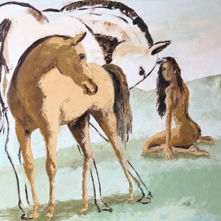 Painting titled "Desnuda con potro" by Raúl Rubio, Original Artwork, Oil Mounted on Wood Stretcher frame