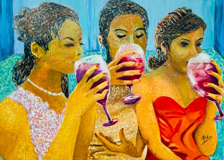 Painting titled "Bebedoras de vino" by Raúl Rubio, Original Artwork, Oil Mounted on Wood Stretcher frame