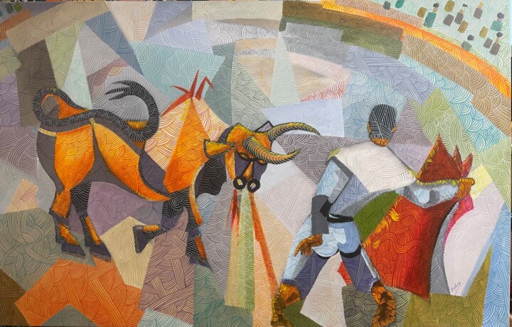 Painting titled "Matador" by Raúl Rubio, Original Artwork, Oil Mounted on Wood Stretcher frame