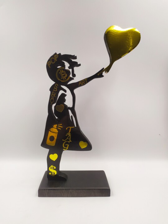 Sculpture intitulée "BANKSYWOOD GOLD" par Ravi, Œuvre d'art originale, Bois