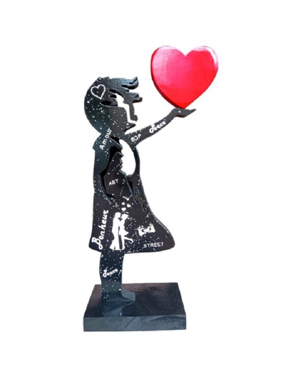 Scultura intitolato "BANKSYWOOD kiss love" da Ravi, Opera d'arte originale, Legno