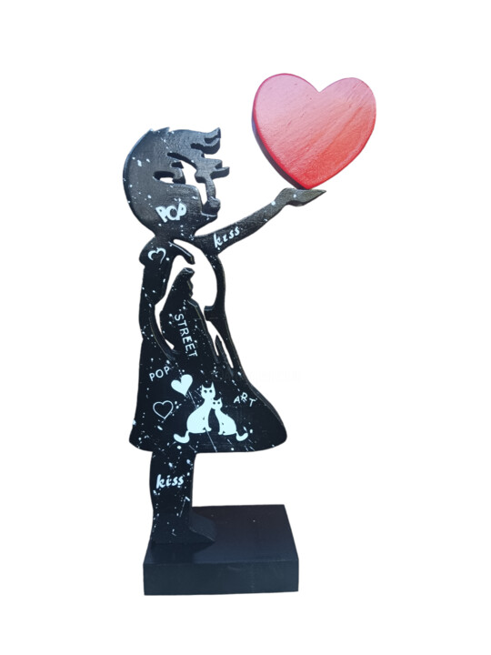 Sculptuur getiteld "BANKSYWOOD chat love" door Ravi, Origineel Kunstwerk, Hout