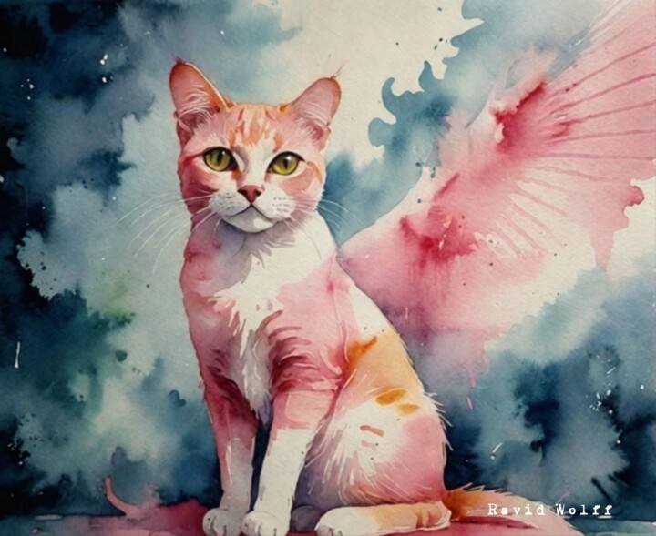 Фотография под названием "Pink cat" - Ravid Wolff, Подлинное произведение искусства, Акварель