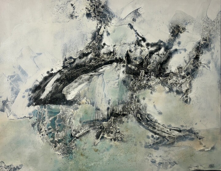 Schilderij getiteld "Caldera 9" door Raymond Attanasio, Origineel Kunstwerk, Olie Gemonteerd op Frame voor houten brancard