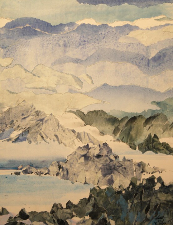 Pintura intitulada "Vue sur le lac" por Raymond Guibert, Obras de arte originais, Aquarela