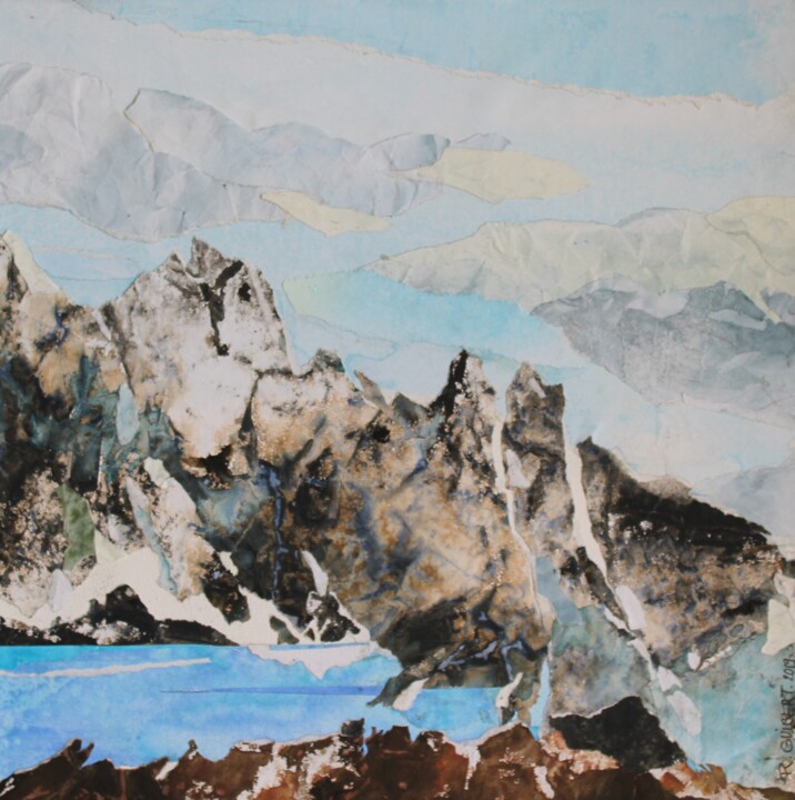 Malarstwo zatytułowany „petit lac bleu n°3” autorstwa Raymond Guibert, Oryginalna praca, Kolaże Zamontowany na Panel drewnia…