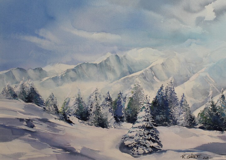 Painting titled "Savoie novembre 21" by Raymond Guibert, Original Artwork, Watercolor Mounted on Wood Panel