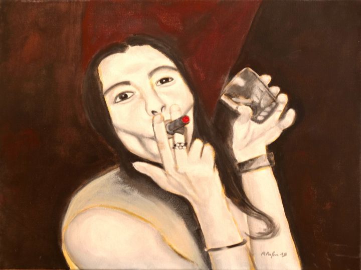 Painting titled "La femme au cigare" by Raymond Lafon, Original Artwork, Acrylic