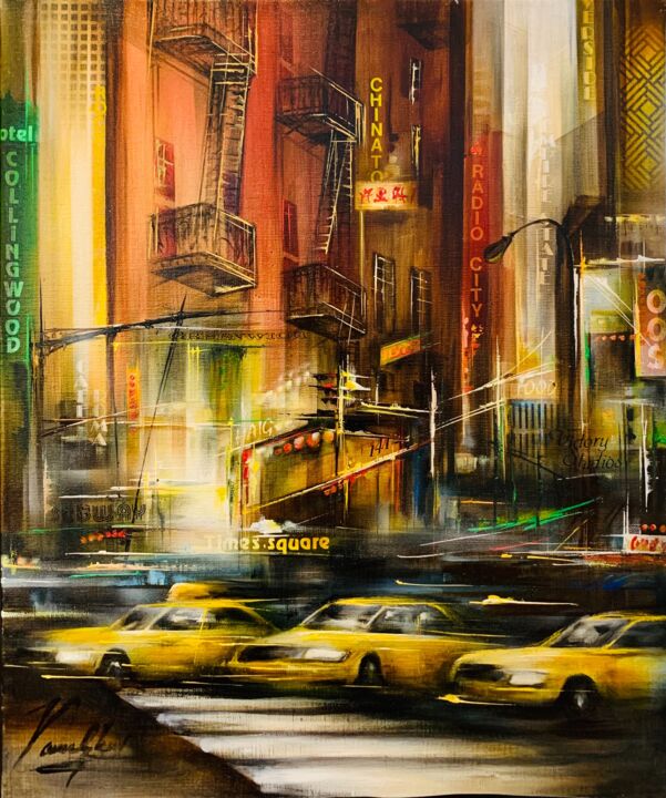 Painting titled "Un soir à New York" by Raymond Poulet, Original Artwork, Oil