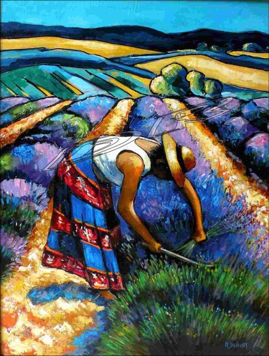 Peinture intitulée "Cueillette de lavan…" par Raymond Debout, Œuvre d'art originale, Huile