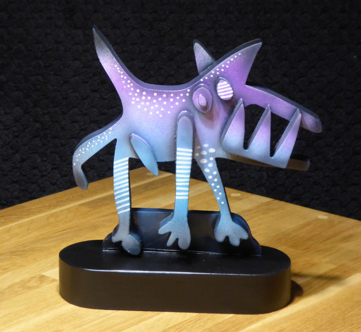 Sculpture titled "Tiny Mad Dog" by Thierry Corpet (Raymond X), Original Art, Wood
