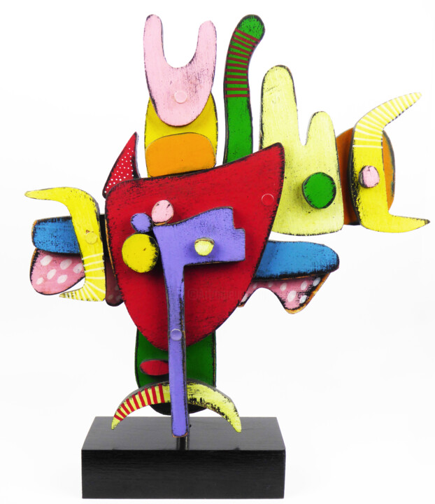 Sculpture titled "Little Happyness #2" by Thierry Corpet (Raymond X), Original Artwork, Wood
