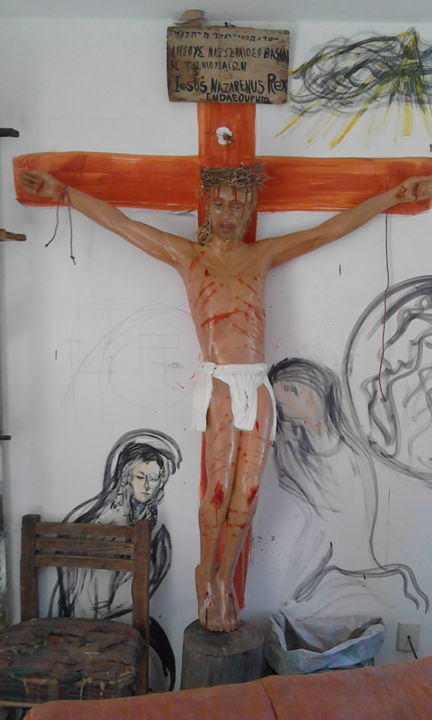 Sculpture titled "crucifixión en made…" by Raymundo Muñoz Velazco, Original Artwork, Wood