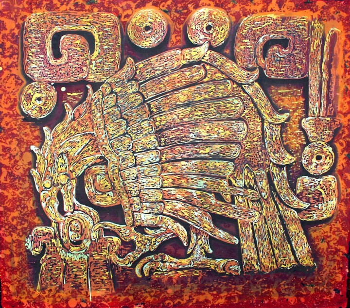 Текстильное искусство под названием "Toltek eagle" - Rayo Cazar, Подлинное произведение искусства, Ткань
